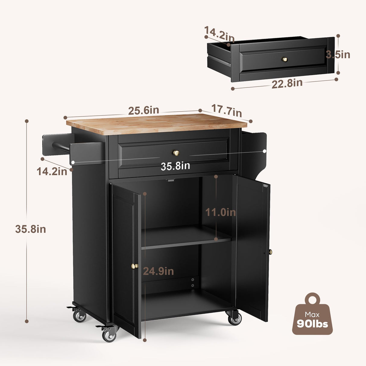 Gizoon Black Kitchen Island Cart with Rubberwood Top & Multi-Storage for Home and Dining Gizoon