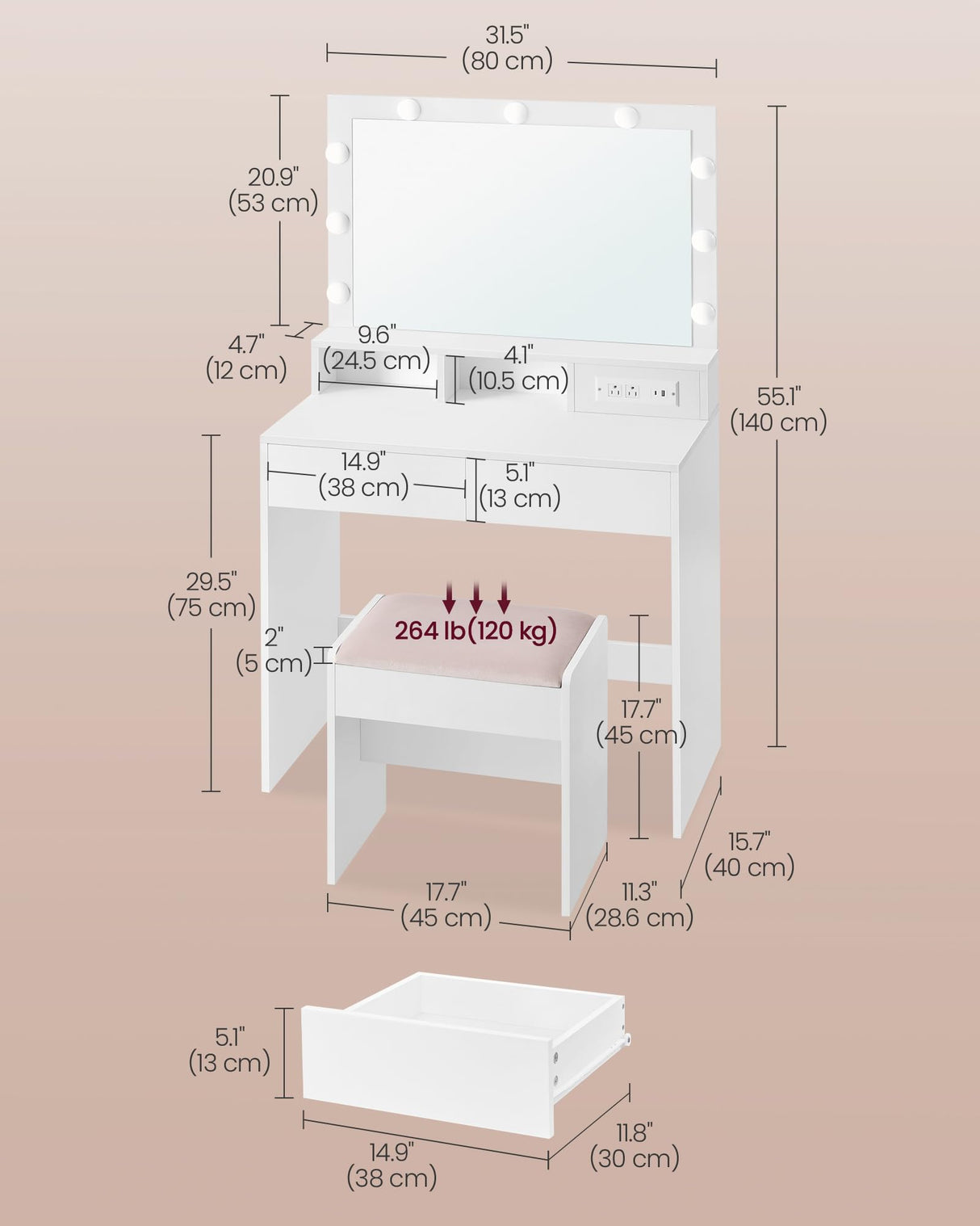 VASAGLE Vanity Desk with Power Outlets, Makeup Vanity with Mirror and Lights, with Upholstered Vanity Stool, 9 Dimmable LED Lights, 2 Compartments, 2 Drawers, for Bedroom, Cloud White URDT029W01 VASAGLE