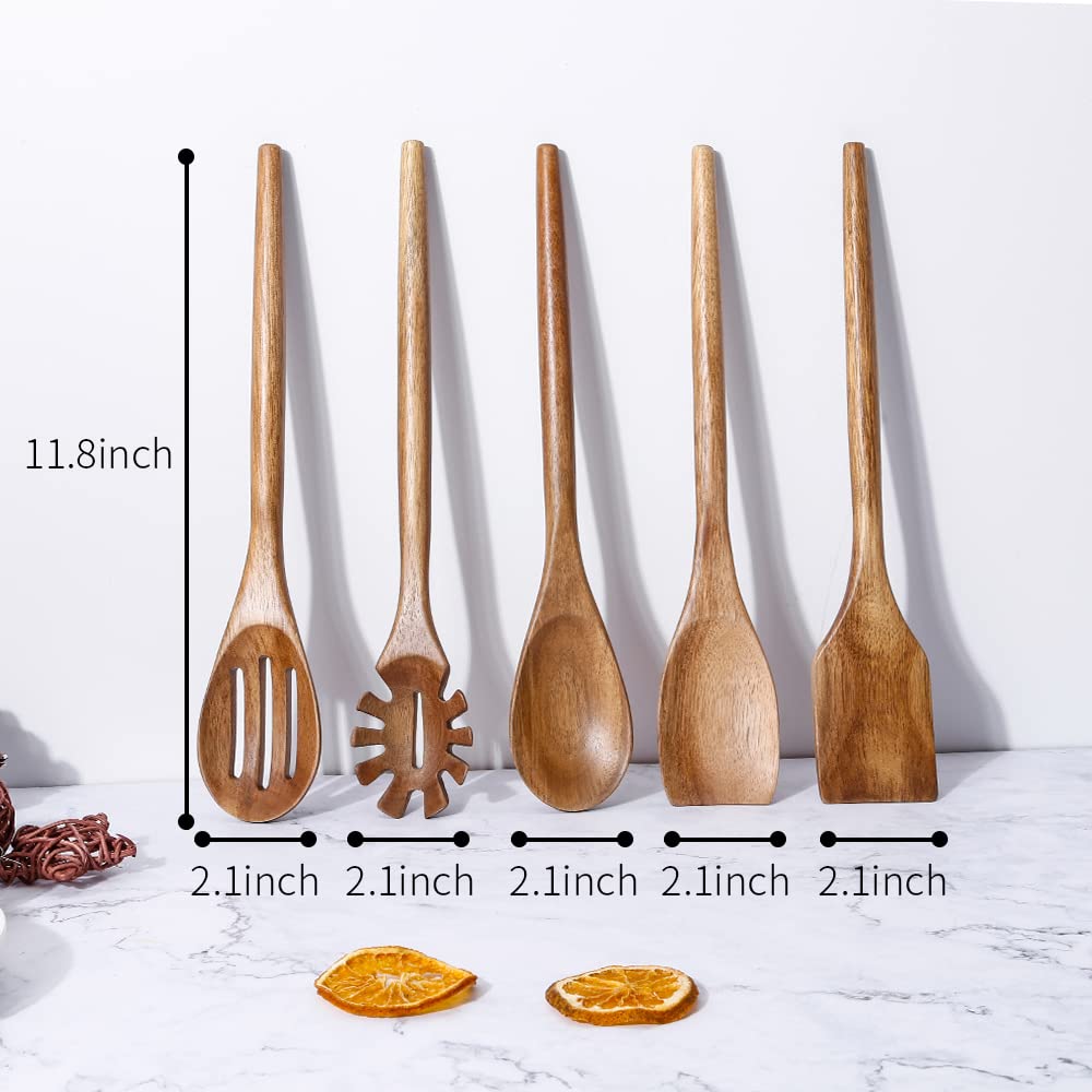 Exquisite Wooden Cooking Utensils For Kitchen, Set Of 5, 12 Inch Acacia Wood Kitchenware Tool Set, Cooking Gadgets Includes Spoon, Spoon Spatula, Spaghetti Spoon, Slotted Spoon, Shovel - WoodArtSupply