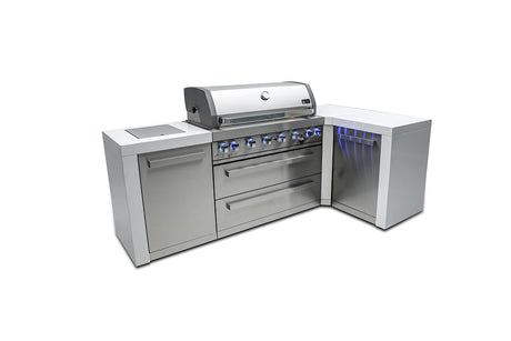 Mont Alpi MAi805-D90 44-inch 6-Burner 115000 BTU 90 Degree Corner Deluxe Stainless Steel Gas Outdoor Kitchen Barbecue Island Grill + Infrared Side Burner + Granite Countertops + Storage Drawers Mont Alpi