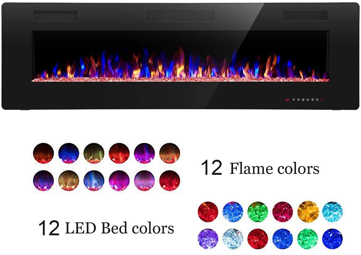 R.W.FLAME 60" Recessed and Wall Mounted Electric Fireplace, Low Noise, Remote Control with Timer, Touch Screen, Adjustable Flame Color and Speed, 750-1500W