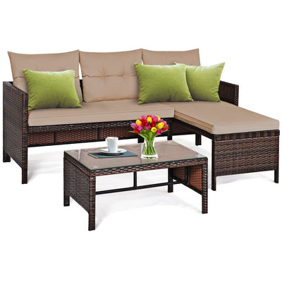 DORTALA 3 Piece Wicker Patio Furniture Set, PE Rattan Outdoor Sectional Sofa Conversation Set with Loveseat, Lounge and Tempered Glass Coffee Table for Garden Lawn Deck (Brown)