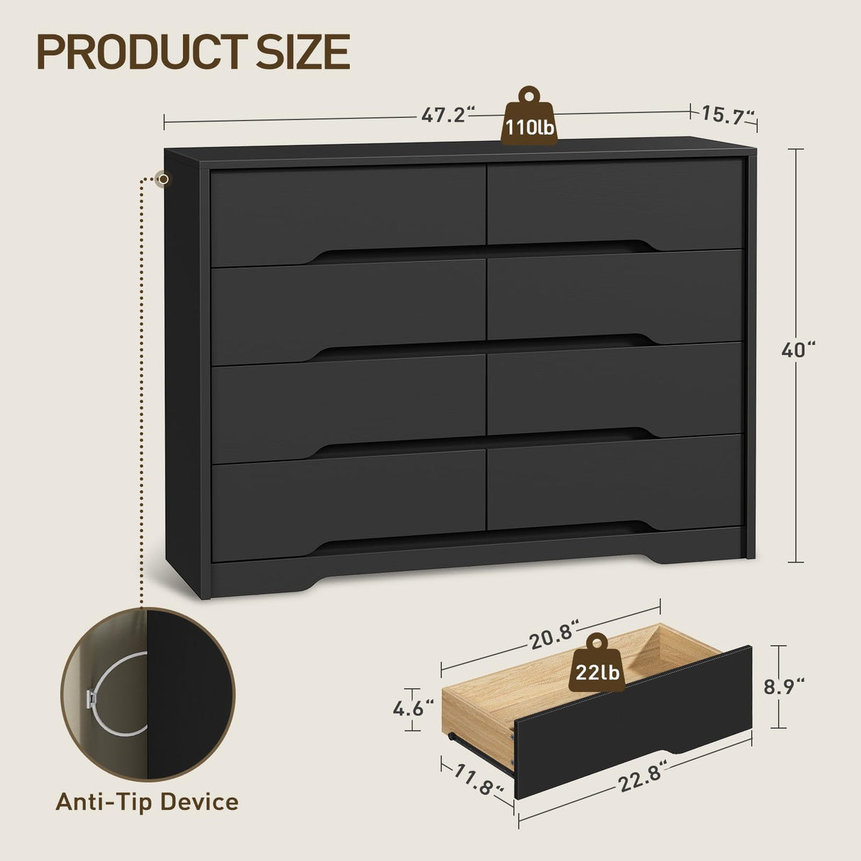 RALGEND 8 Drawer Dresser for Bedroom, White Double Chest of Drawers, Modern Wooden Dresser with Handless Design, Minimalism Style, for Bedroom, Living Room, Hallway, Entryway, Black RALGEND