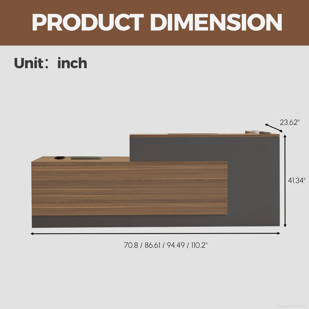 Huariifowm Modern L Shape Reception Desk with Counter,Stylish Front Desk Reception Counter with Drawers, Open Shelves, and Keyboard Tray (Walnut+Iron Gray/Left, 71" L*24" W*41" H) Huariifowm