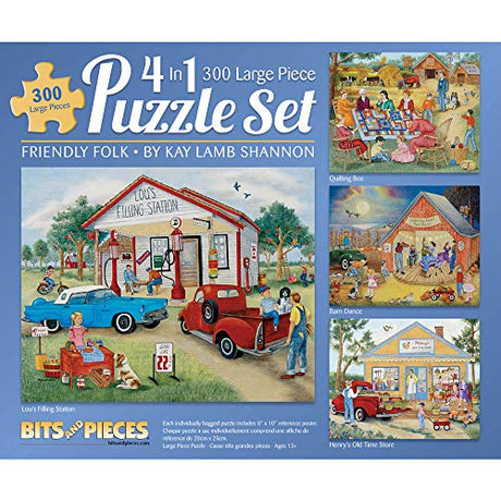 Bits and Pieces – 4-in-1 Multi-Pack 300 Piece Jigsaw Puzzles for Adults – Friendly Folk by Artist Kay Lamb Shannon, Completed Puzzle Size: 16" x 20" Bits and Pieces