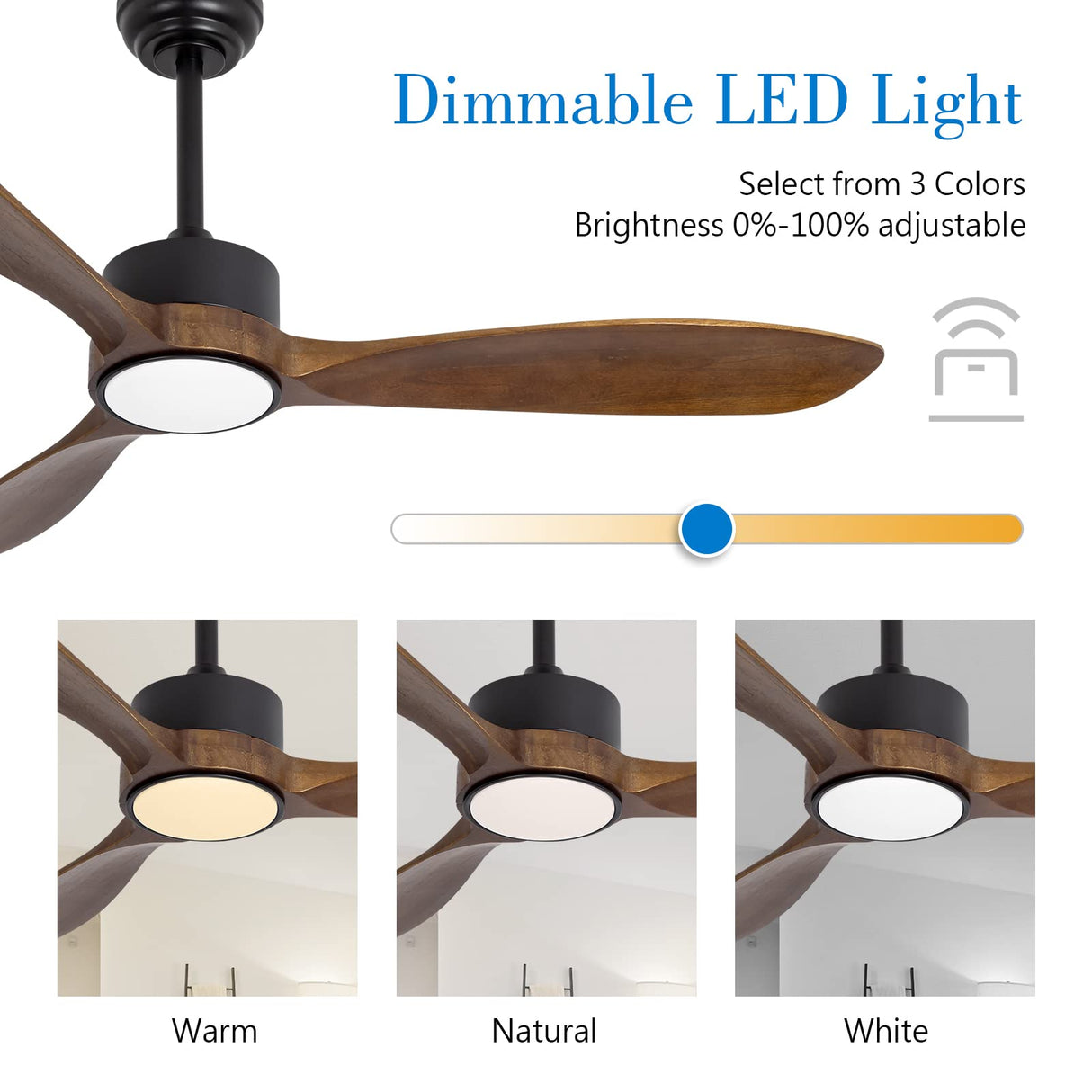 VACILL 52 inch Wood Ceiling Fan with Light and Remote,Noiseless DC Motor,6 Speed Levels,LED Dimmable,Dark Brown Wood Blade VACILL