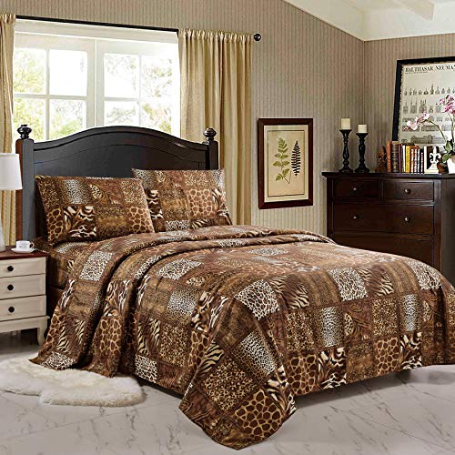 WPM 4 Piece Animal Print Sheet Set, Chocolate Brown Leopard Zebra Giraffe Jungle Forest Theme Flat Fitted Sheets with Pillow Sham Queen Size Bedding- Safari Design (Brown, Queen) WPM WORLD PRODUCTS MART