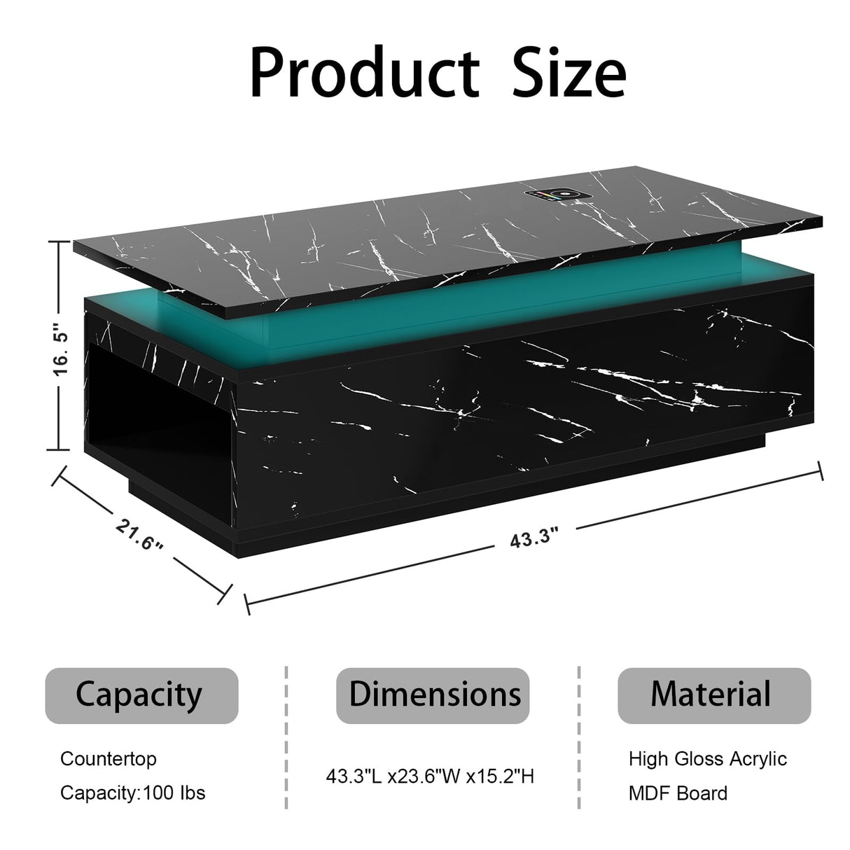 PPorfamilia LED Coffee Table with Storage, Black Coffee Table with Wireless Charging and Bluetooth Speaker, High Glossy Modern Center Table with 24-Color LED Lights for Living Room Bedroom PPorfamilia