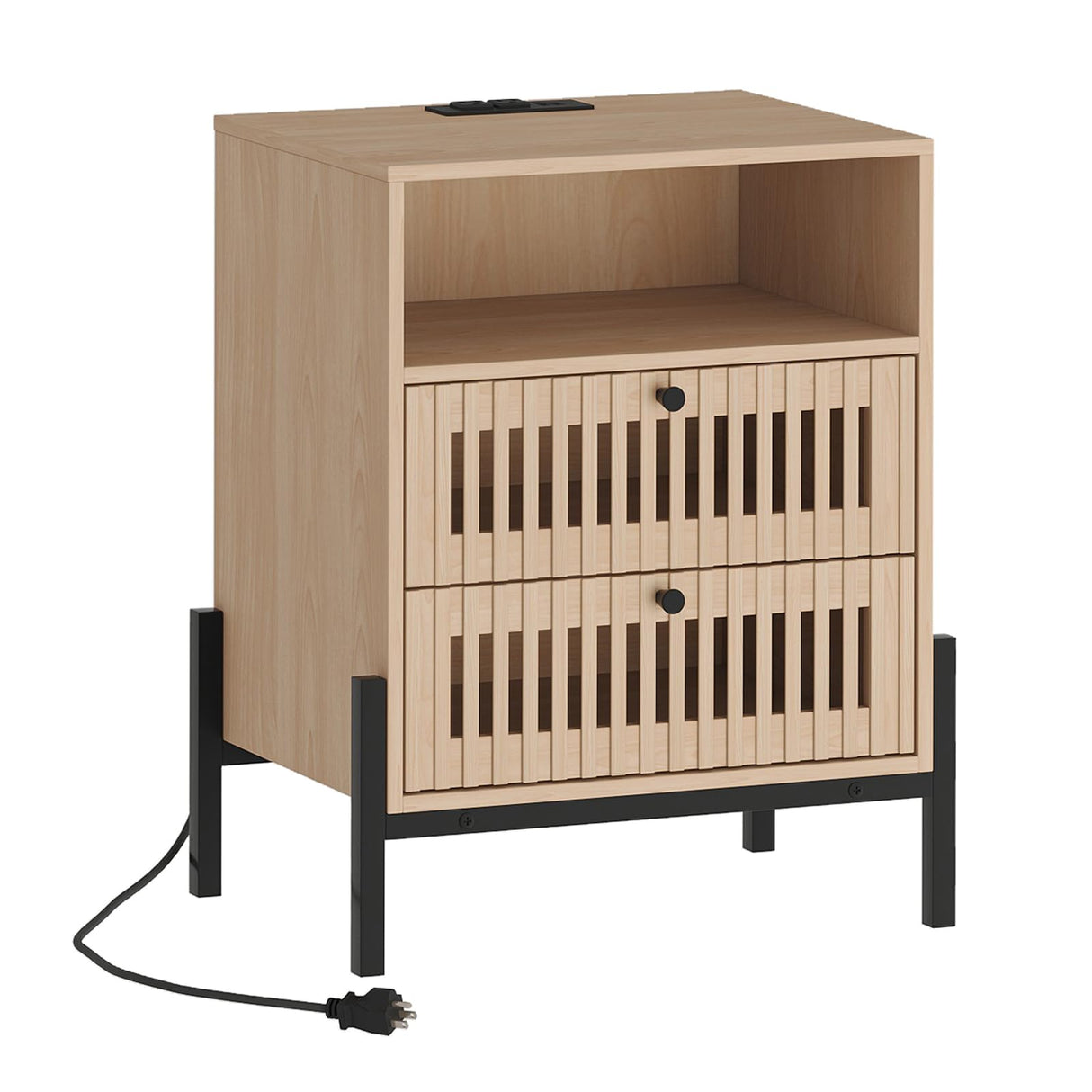 Vabches Fluted Nightstand with Charging Station and USB Ports, End Table with 2 Storage Drawers and Open Shelf, Sofa Side Table for Bedroom, Living Room, Set of 1 Vabches