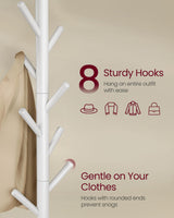 VASAGLE Solid Wood Coat Rack, Free Standing Tree-Shaped Coat Rack with 8 Hooks, 3 Height Options, for Clothes, Hats, Bags, Living Room, Bedroom, Home Office, White URCR04WT VASAGLE