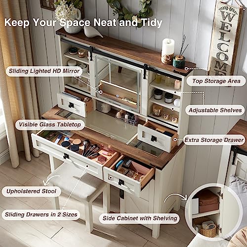 T4TREAM Farmhouse Makeup Vanity Desk with Sliding Mirror and Lights, 42'' Glass Tabletop Vanity Table with 2 Drawers & Shelves, Rustic Big Vanity Set - WoodArtSupply