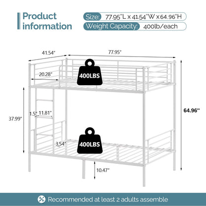 VINGLI Bunk Bed Twin Over Twin Bunk Bed for Kids/Adults with Stairs Flat Rungs, Metal Double Decks Bed, White