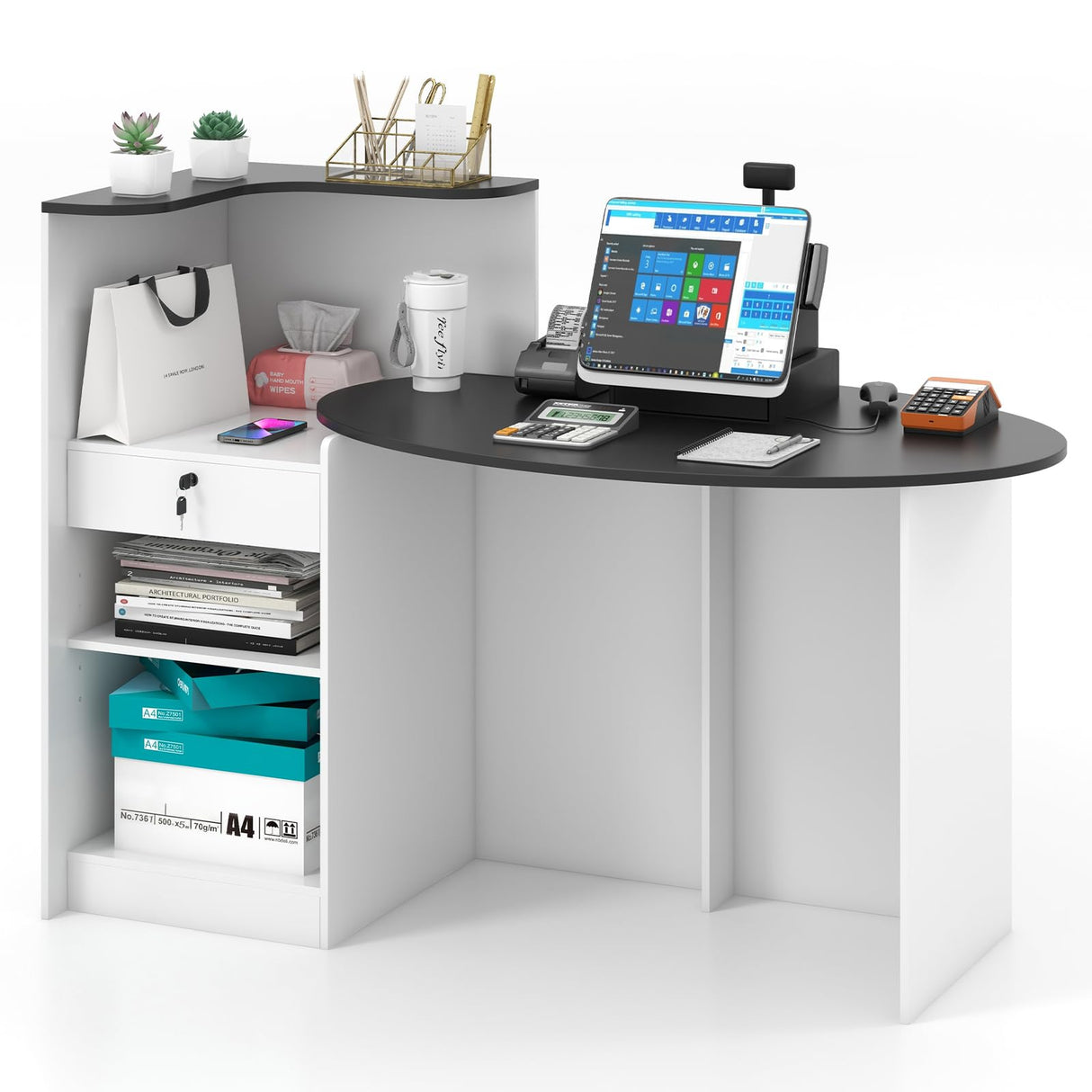 Giantex Reception Desk, Front Counter Desk with Lockable Drawer, Oval Tabletop & Adjustable Shelf, Retail Register Stand, Checkout Table for Office Beauty Salon Reception Room (Black & White) Giantex