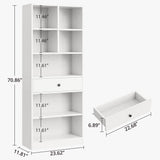 IRONCK Bookcase and Bookshelves, 70" Tall Bookshelf Floor Standing 6 Tiers Display Storage Shelves, Book Shelf with Drawers for Home Office, Living Room, Bedroom, Library, White IRONCK