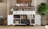 Ball & Cast Farmhouse Kitchen Island with Drape of Beads & Power Outlet, Rolling Kitchen Cart on 5 Wheels, 3 Drawers, Internal Iron Shelf & Towel Rack, for Kitchen & Dining Room, White Ball & Cast