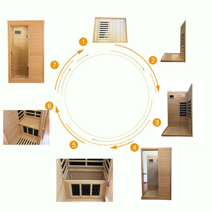 Xmatch Far Infrared Wooden Sauna Room, 1-Person Size Left Bench, with 1050W, 6 Heating Plates, 10-15 Minutes Pre-Warm up