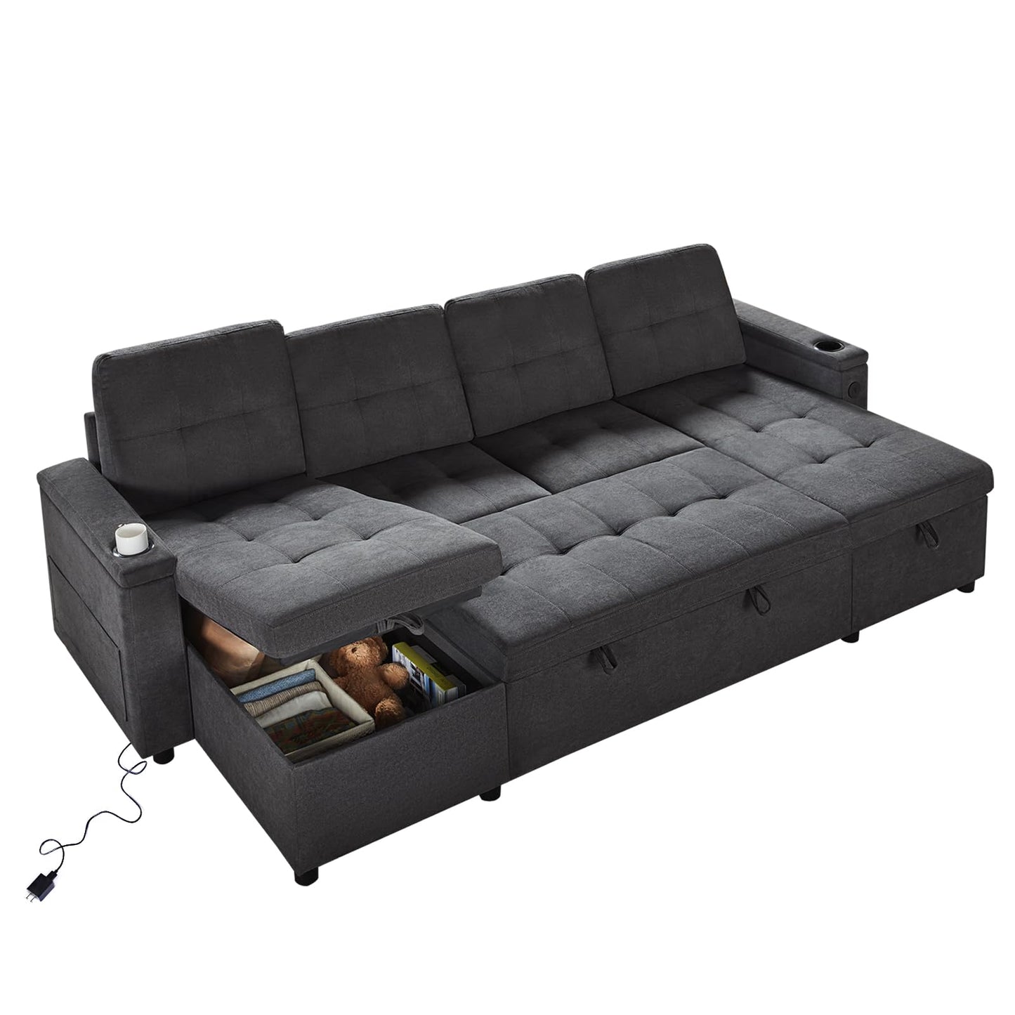 VanAcc Sleeper Sofa, 109 inch Sectional Sofa Bed with USB Charging Ports & Cup Holders, Pull Out Sofa Bed with Dual Storage Chaise, U-Shaped Bed Couch for Living Room, Dark Grey