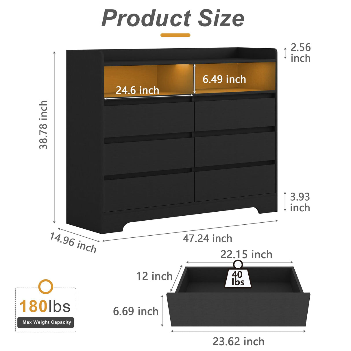 Spaco Black Dresser for Bedroom, 6 Drawer Dresser with LED Lights and 2 Cubby,Chest of Drawers,Wood Dresser,Dresser Bedroom Furniture,Wide TV Stand Dresser for Kid's Room,Nursery Spaco