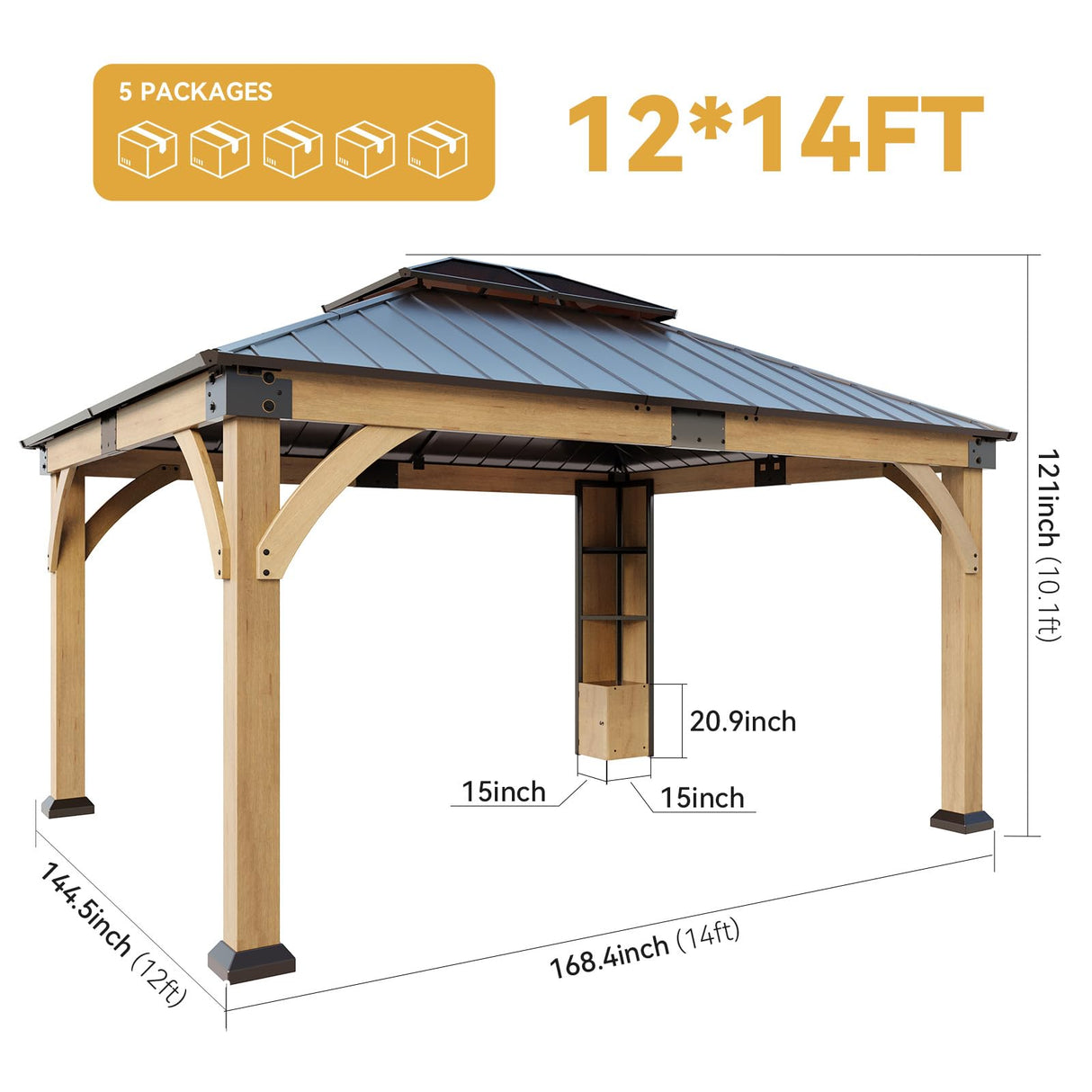 ZIENLIFE 12x14 ft Cedar Wood Gazebo with Sunlight Roof &Storage Cabinet, Hardtop Gazebo with Galvanized Steel Double Roof, Heavy Duty Pavilion for Patio Lawn and Garden ZIENLIFE