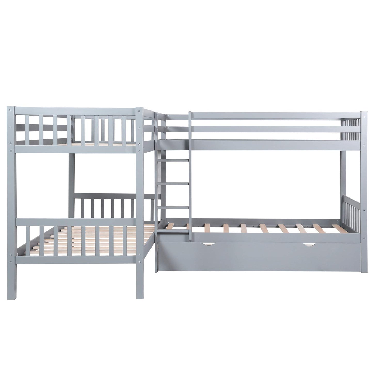 MERITLINE L-Shaped Bunk Beds for 4, Twin Over Twin Bunk Beds with Storage Drawers, Solid Wood Quad Bunk Beds for Kids, Teens, Girls,Boys, Grey