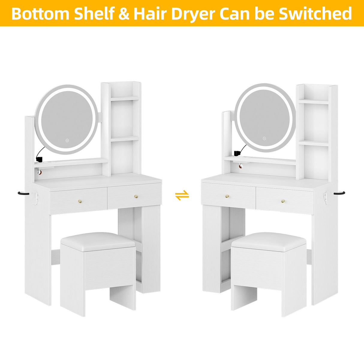 DWVO Makeup Vanity Desk with LED Lighted Mirror, White Vanity Set with Charger Station, Small Spaces Vanity Table, Adjustable 3 Lighting Modes, Makeup Table with Chair for Girl, 31.5in(L), Upgraded DWVO