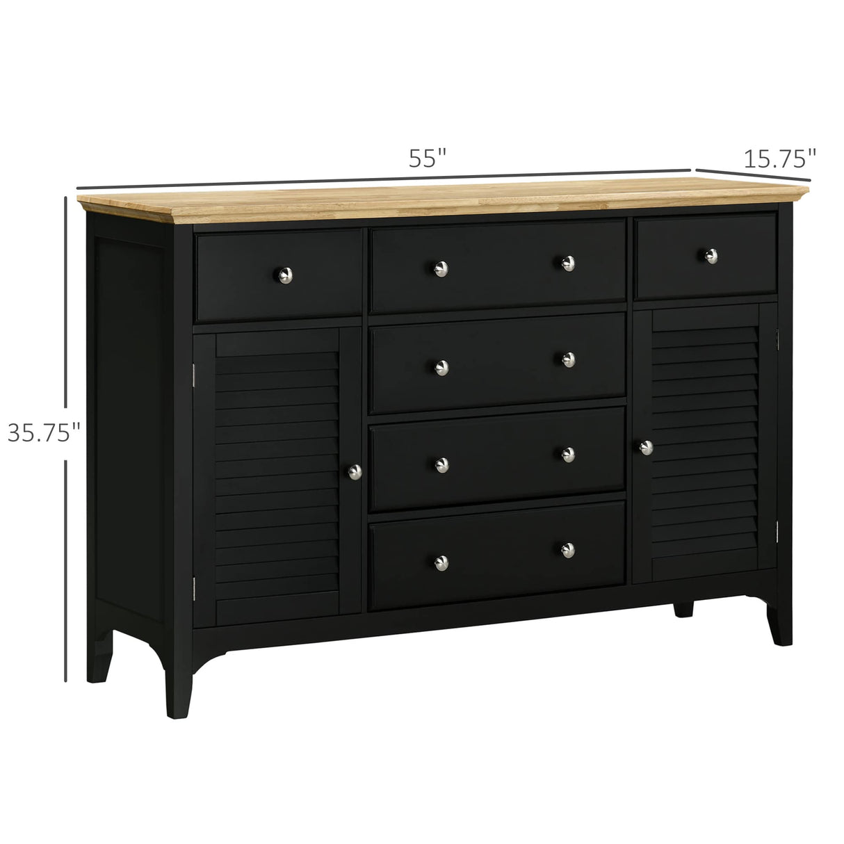HOMCOM Sideboard Buffet Cabinet with Storage Drawers, Rubber Wood Top and Adjustable Shelves, Kitchen Cabinet Coffee Bar Cabinet, Black HOMCOM