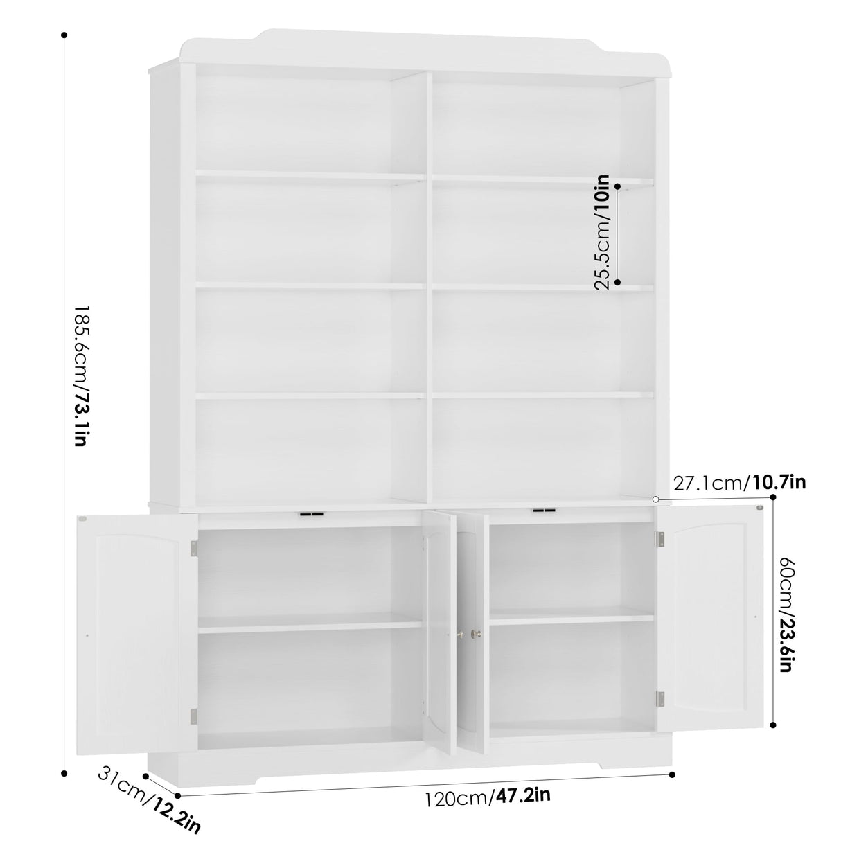 FACBOTALL 73.1" Tall Bookcase and Bookshelf, Wide Bookshelf with Doors and Adjustable Shelves, 6 Tier Large Bookshelf with Storage, Tall Storage Cabinet for Living Room, Home Office, White FACBOTALL
