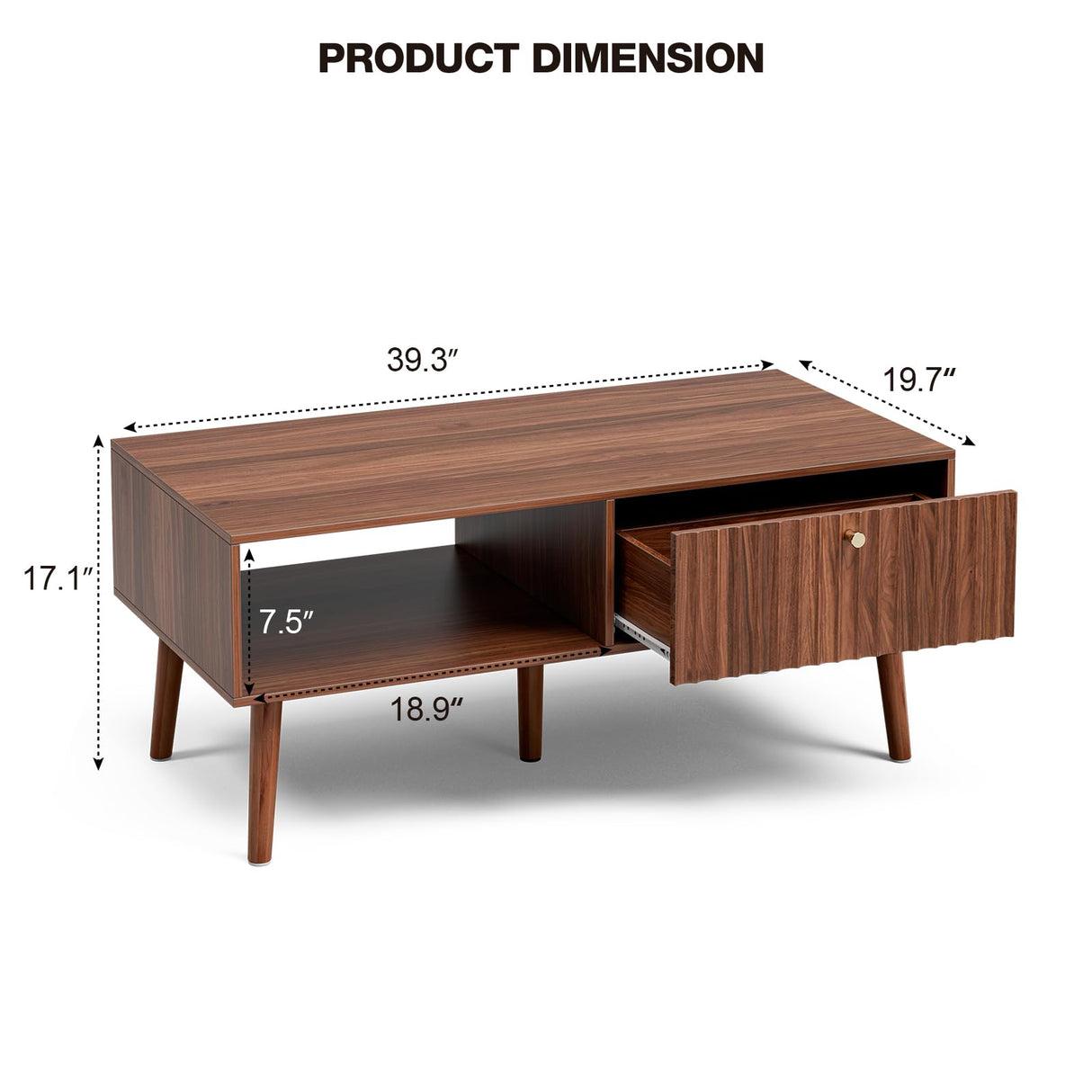 LCRBOL Fluted Coffee Table with Storage, Mid Century Dining Table with Drawer and Solid Wood Legs, Small Coffee Tables for Living Room, Walnut LCRBOL