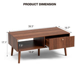 LCRBOL Fluted Coffee Table with Storage, Mid Century Dining Table with Drawer and Solid Wood Legs, Small Coffee Tables for Living Room, Walnut LCRBOL