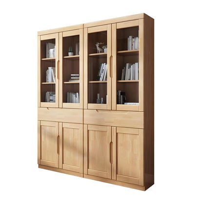 KWOKING Contemporary Style Bookshelf Solid Wood with Glass Door Bookcase for Office Study Room RubberWood Bookcase Rubber Wood Office File Cabinet