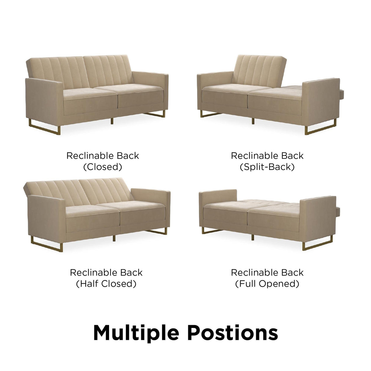 Novogratz Skylar 77 Inch Futon Sofa Bed in Velvet Fabric, Industrial Modern Upholstered Couch Sleeper with Black Metal Legs, Ivory Novogratz