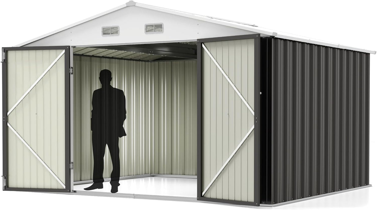 Greesum 10x8FT Outdoor Storage Shed, Utility Tool Shed Metal Storage Garden Shed with Door & Lock for Patio Storage, Gray Greesum