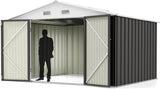 Greesum 10x8FT Outdoor Storage Shed, Utility Tool Shed Metal Storage Garden Shed with Door & Lock for Patio Storage, Gray Greesum