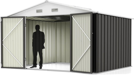 Greesum 10x8FT Outdoor Storage Shed, Utility Tool Shed Metal Storage Garden Shed with Door & Lock for Patio Storage, Gray Greesum