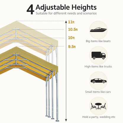 ADVANCE OUTDOOR 12x20 ft Heavy Duty Carport Potable Car Canopy Garage Party Tent Boat Shelter, Adjustable Height from 9.5 ft to 11 ft, Beige - WoodArtSupply