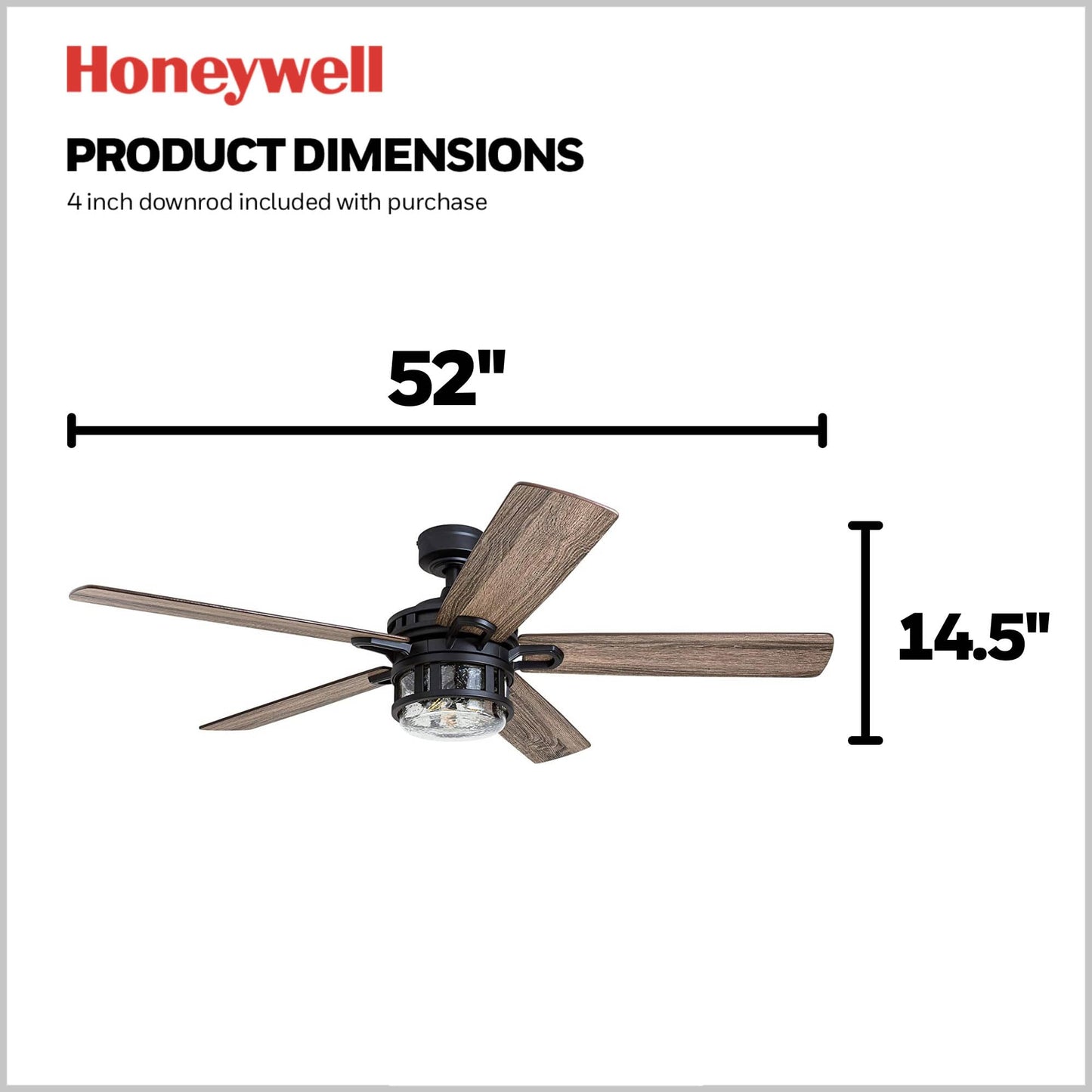 Honeywell Ceiling Fans Bonterra, 52 Inch Contemporary Indoor LED Ceiling Fan with Light and Remote Control, Dual Finish Blades, Reversible Motor - Model 50690-01 (Matte Black)