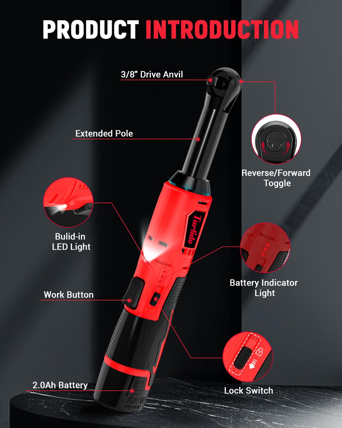 Tarlido 3/8" Electric Ratchet Wrench, 4" Extended 40 Ft-Lbs 400 RPM 12V Cordless Battery Powered Ratchet Wrench Set with LED Light, Including 2 Batteries, 11 Sockets and Fast Charge Tarlido