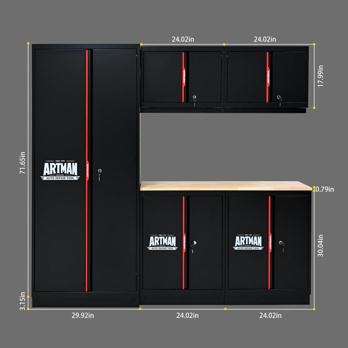 S.Walt Garage Storage Cabinets System, 6-Pcs Workshop Cabinet Set in Black and Red, Included Steel Cabinets, LED Lights, Wood Panel, Key Locking, Adjustable Door Panels and Legs, Black & Red S.Walt