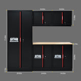 S.Walt Garage Storage Cabinets System, 6-Pcs Workshop Cabinet Set in Black and Red, Included Steel Cabinets, LED Lights, Wood Panel, Key Locking, Adjustable Door Panels and Legs, Black & Red S.Walt