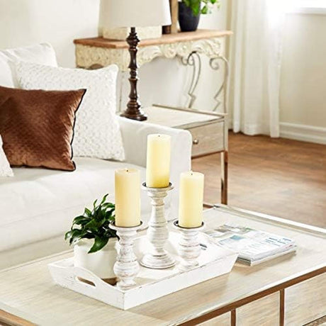 Deco 79 Mango Wood Decorative Candle Holder Turned Style Pillar Candle Stand, Set of 3 Candlestick Holder 10", 8", 6”H, White Deco 79