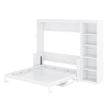 Queen Murphy Bed with Desk and Storage Shelves,Wood Hideaway Murphy Wall Bed with Storage Bookcase for Adults (White) MERITLINE