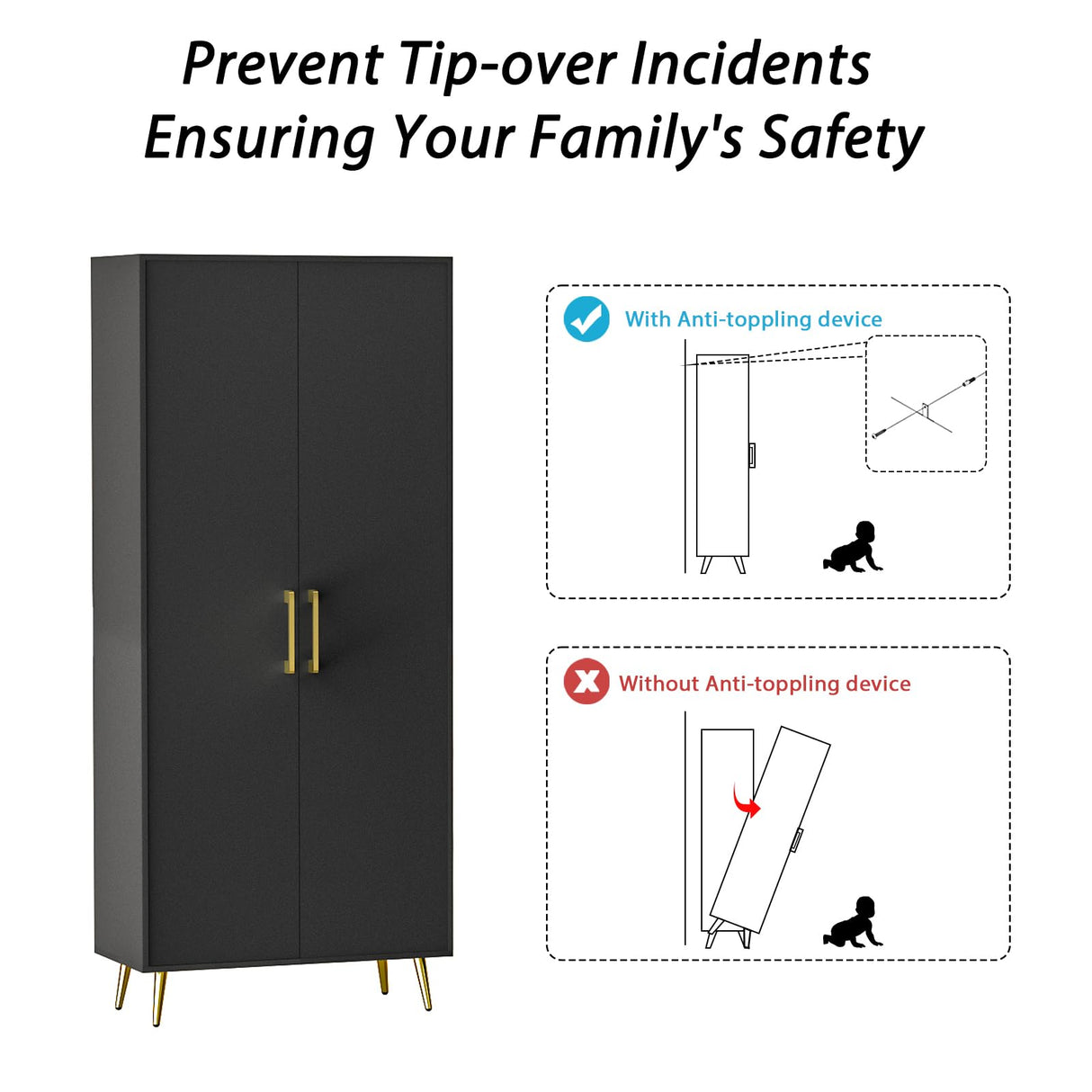 NOVAMAISON 69” Tall Storage Cabinet - Black Storage Cabinet w/ 2 Doors and Adjustable Shelves, Freestanding Kitchen Pantry w/Gold Handles and Legs, Wooden Wardrobe Cabinet for Bedroom, Laundry NOVAMAISON