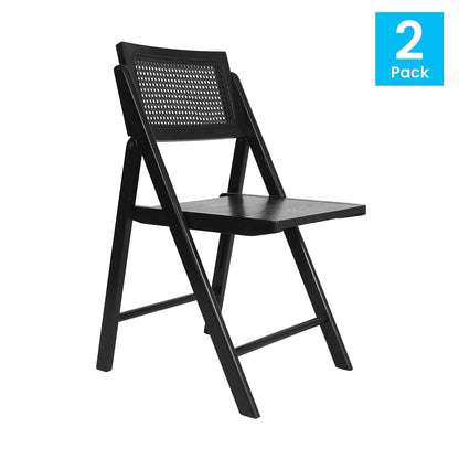 Flash Furniture Galene Set of 2 Cane Rattan Folding Chairs with Solid Wood Frame Ventilated Back, Perfect for Events or Additional Seating, Black