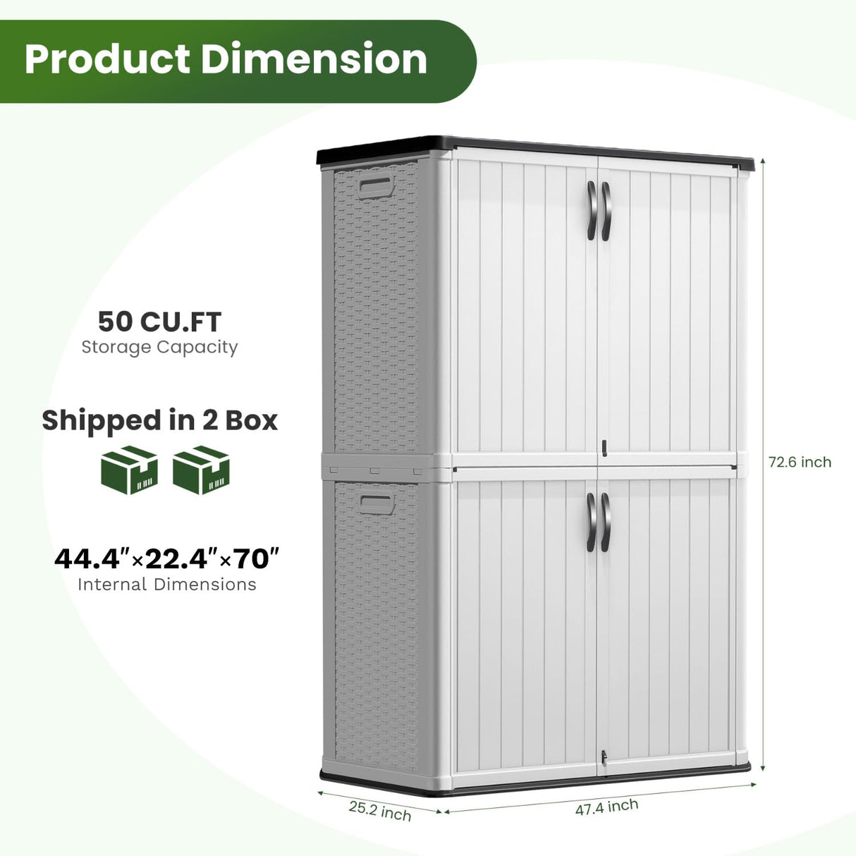 Greesum Outdoor Storage Cabinet Without Shelves, 45 cu.ft Outdoor Waterproof Storage Shed for Garden Tools, Pool Storage, Garbage Cans, White Greesum