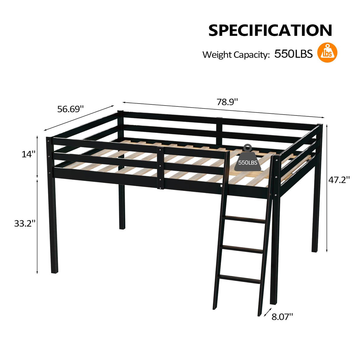 VINGLI Junior Low Loft Bed with Stairs, 47 Inches High Sleeper Bed Full Size for Adults, Kids and Young Teens, No Box Spring Required, Solid Wood Slat Support, Black VINGLI