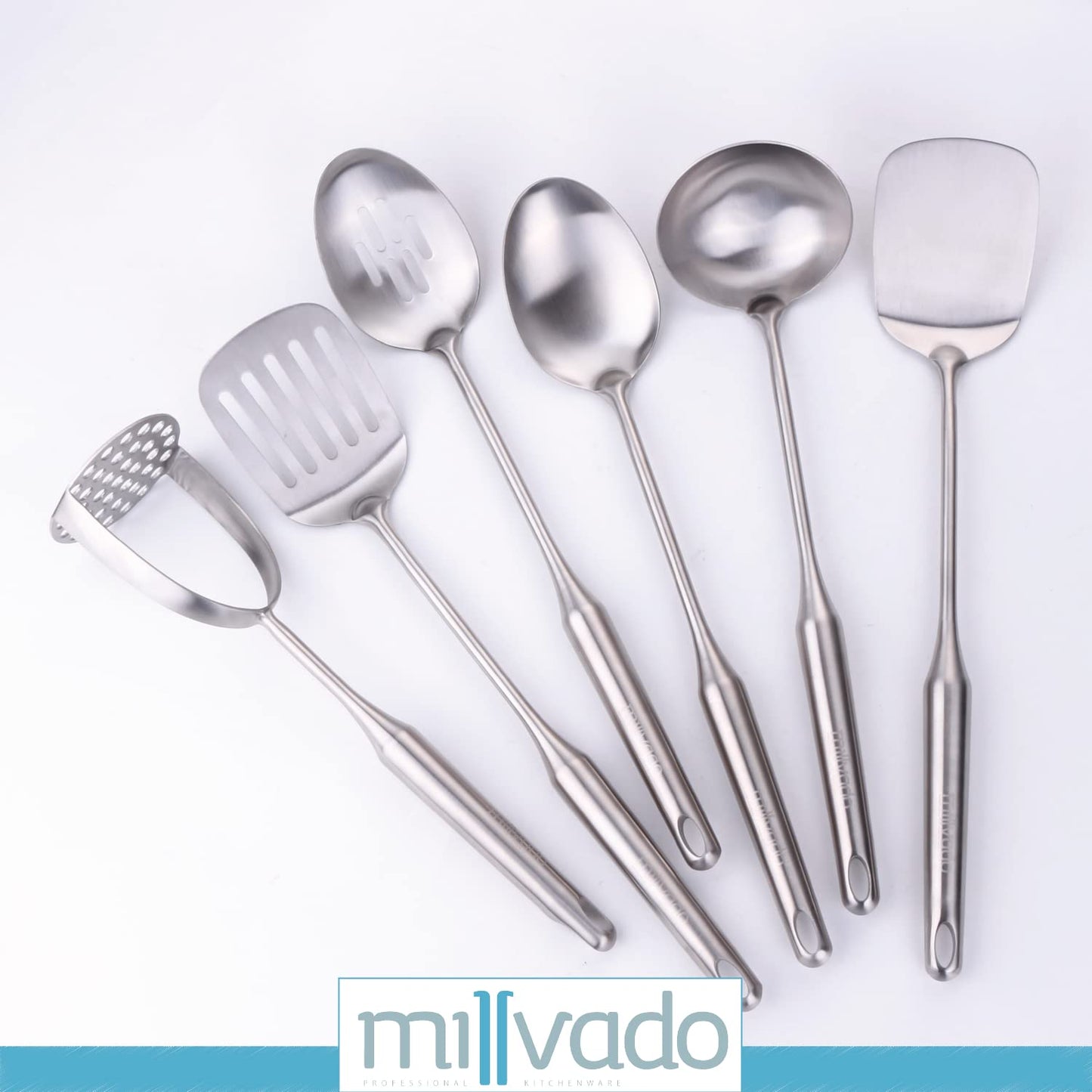 Millvado Stainless Steel Kitchen Utensil Set, Cooking Utensils, Set of 6 Kitchen Tools, Solid Spoon, Slotted Spoon, Solid Turner, Slotted Turner, Soup Ladle, Potato Masher, Dishwasher Safe