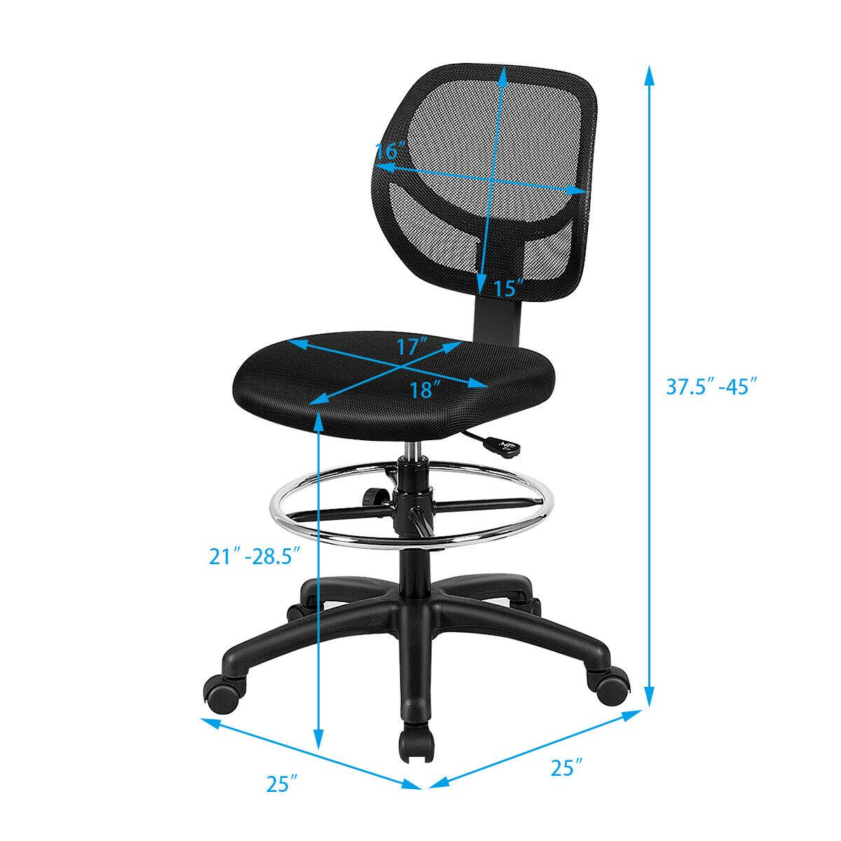 Giantex Mesh Drafting Chair, Standing Desk Chair w/Footrest Ring, Adjustable Height Chair Mid Back Tall Office Chair for Home Office, Black - WoodArtSupply