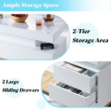 AMERLIFE High Gloss 3 Pieces Living Room Table Set, Modern LED Coffee Table Sets of 3, 2-Tier Center Table with 2 End Side Tables, LED Lights Bedside Table Nightstands with Charging Station, White AMERLIFE