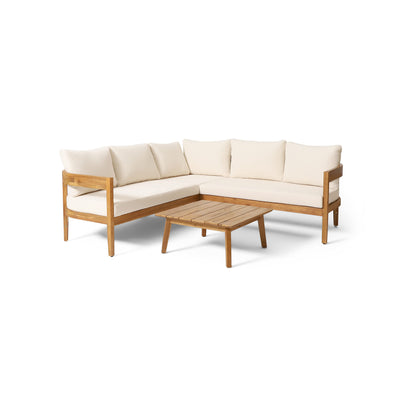 Christopher Knight Home Brooklyn Outdoor 5 Seater Sectional Sofa Chat Set with Cushions - Acacia Wood - Teak/Beige