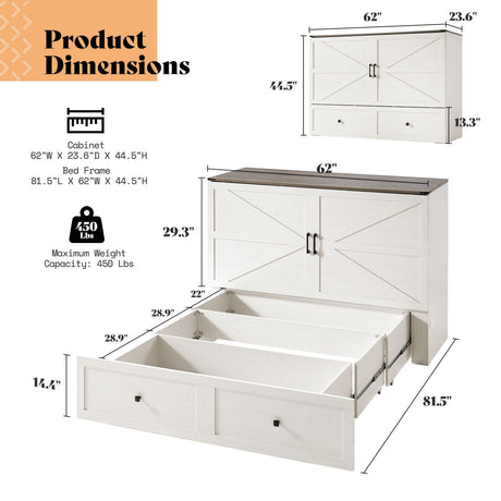 AMERLIFE Queen Murphy Bed with Storage & Charging Station, Farmhouse Murphy Cabinet with Foldable Panel, Noisy Free, for Guest Bedroom, Living Room, Office, Distressed White & Barnwood AMERLIFE